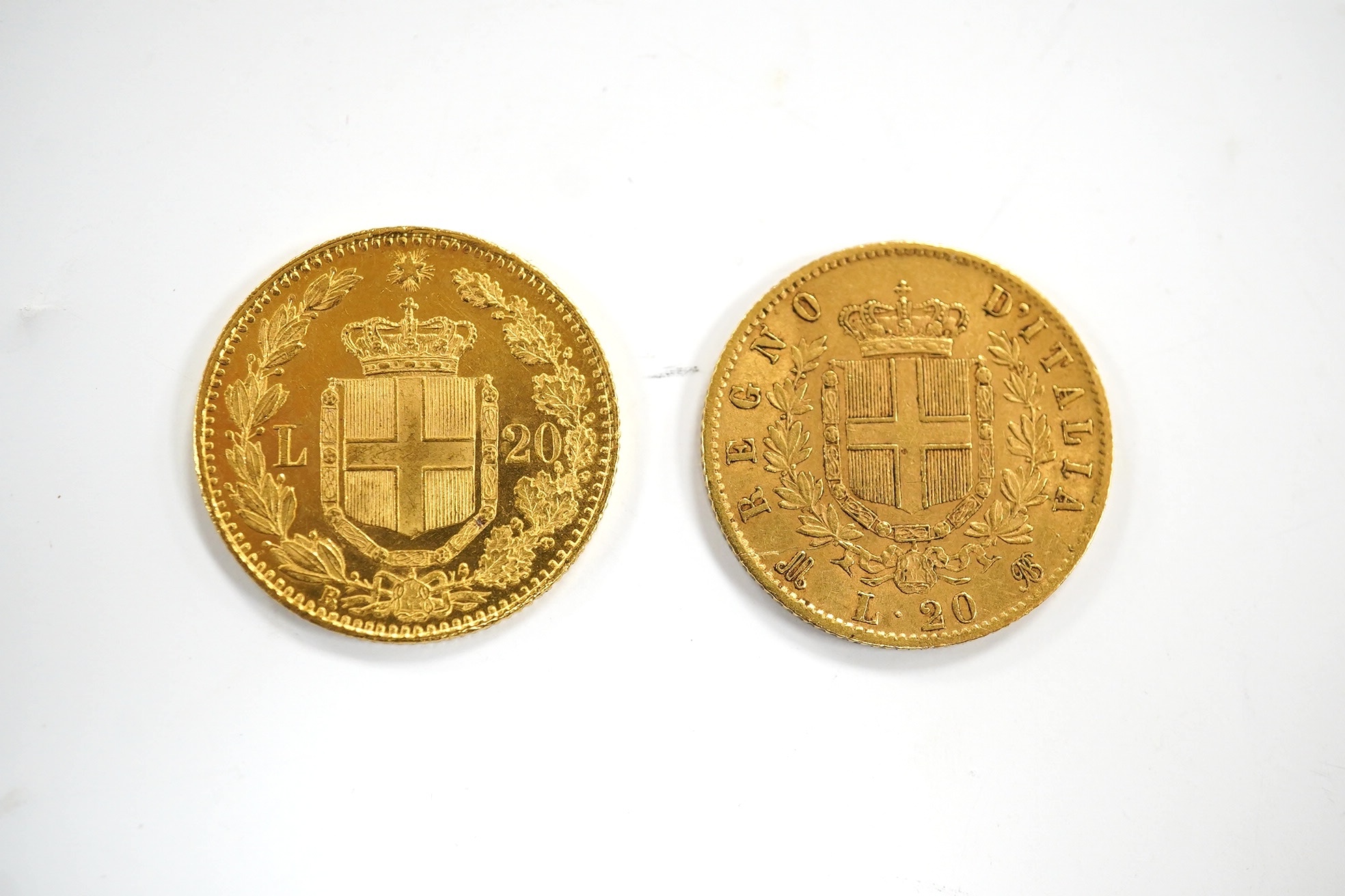 Italy gold coins, Victor Emmanuel II, 20 lire 1873, Fine and Umbero I, 20 lire 1882, EF (2)